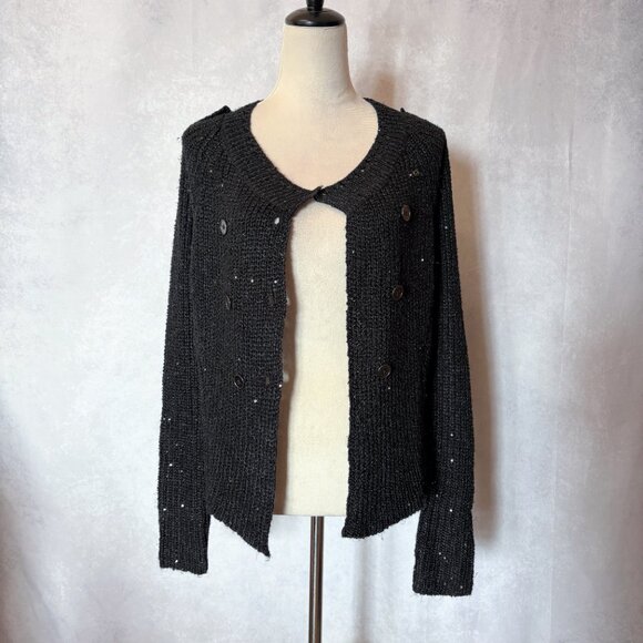 Jennifer Lopez Sequin Knit Cardigan Sweater Double Breast Metallic Black Size S - Picture 4 of 12